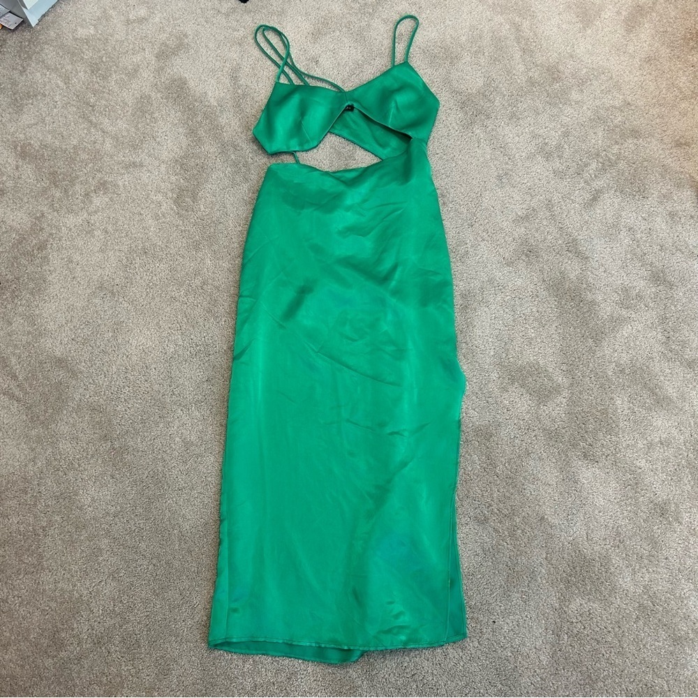 Zara green satin effect asymmetrical cut-out strappy crisscross slit midi dress - Picture 11 of 12